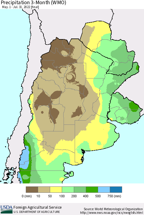 Southern South America Precipitation 3-Month (WMO) Thematic Map For 5/1/2022 - 7/31/2022
