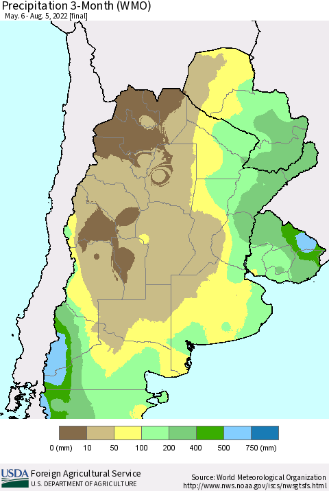 Southern South America Precipitation 3-Month (WMO) Thematic Map For 5/6/2022 - 8/5/2022