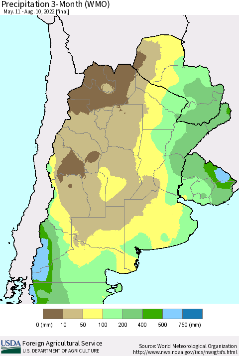 Southern South America Precipitation 3-Month (WMO) Thematic Map For 5/11/2022 - 8/10/2022