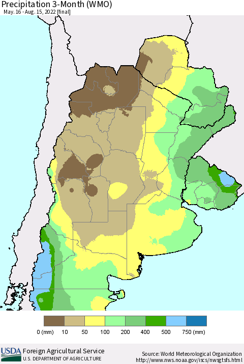 Southern South America Precipitation 3-Month (WMO) Thematic Map For 5/16/2022 - 8/15/2022