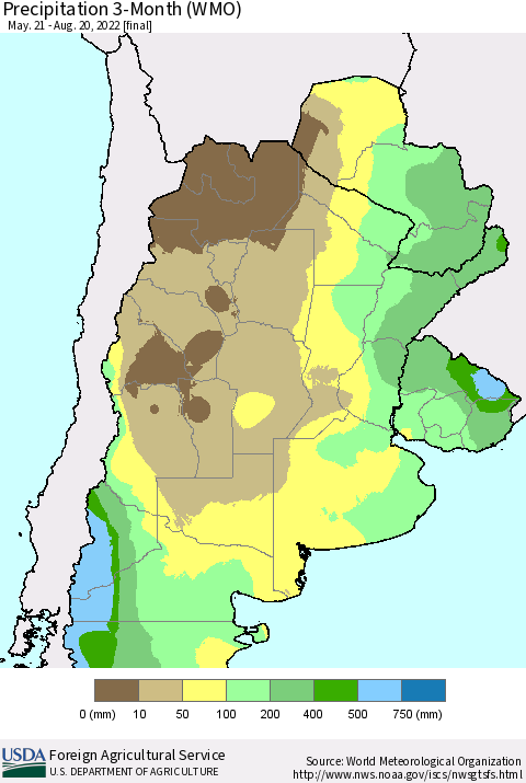 Southern South America Precipitation 3-Month (WMO) Thematic Map For 5/21/2022 - 8/20/2022