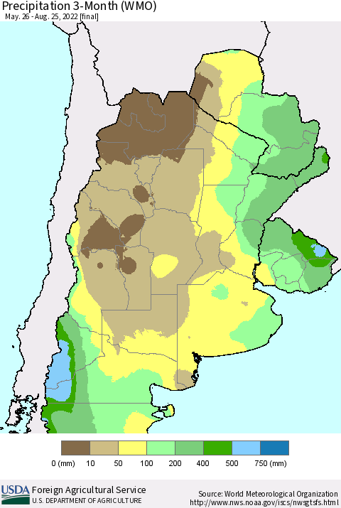 Southern South America Precipitation 3-Month (WMO) Thematic Map For 5/26/2022 - 8/25/2022