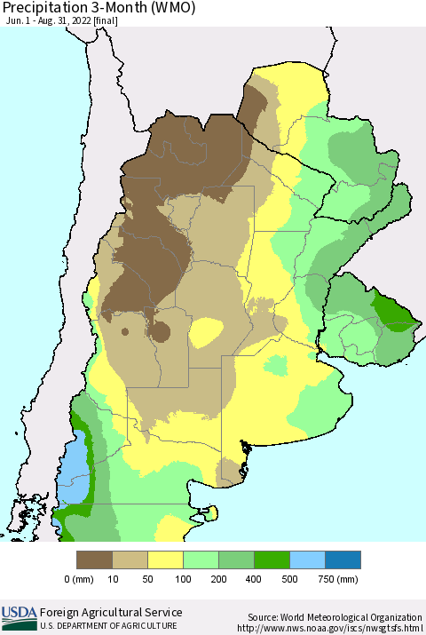 Southern South America Precipitation 3-Month (WMO) Thematic Map For 6/1/2022 - 8/31/2022
