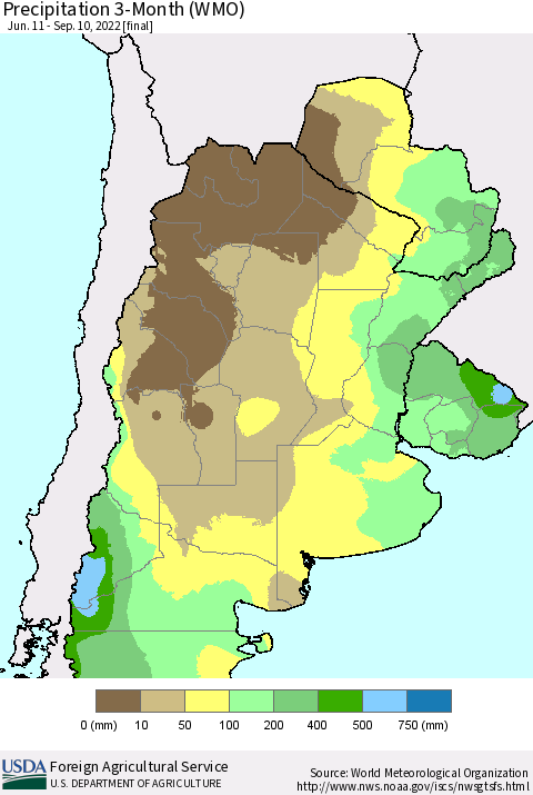 Southern South America Precipitation 3-Month (WMO) Thematic Map For 6/11/2022 - 9/10/2022