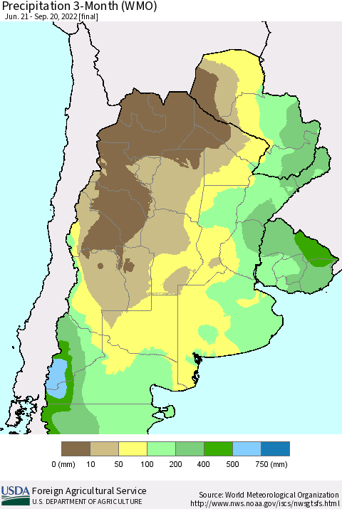 Southern South America Precipitation 3-Month (WMO) Thematic Map For 6/21/2022 - 9/20/2022