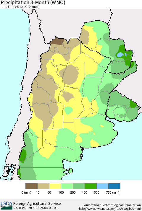 Southern South America Precipitation 3-Month (WMO) Thematic Map For 7/11/2022 - 10/10/2022