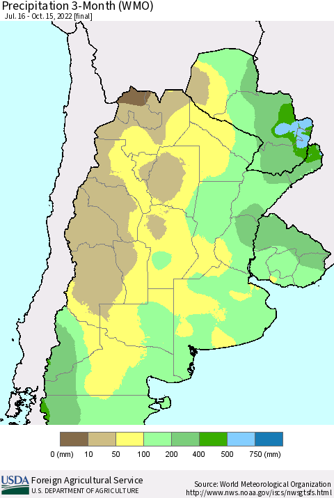 Southern South America Precipitation 3-Month (WMO) Thematic Map For 7/16/2022 - 10/15/2022
