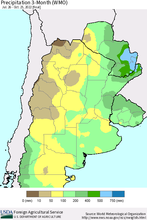 Southern South America Precipitation 3-Month (WMO) Thematic Map For 7/26/2022 - 10/25/2022