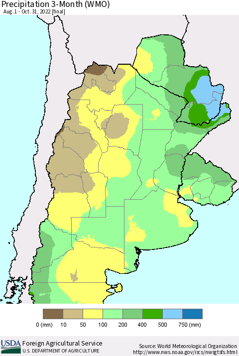 Southern South America Precipitation 3-Month (WMO) Thematic Map For 8/1/2022 - 10/31/2022