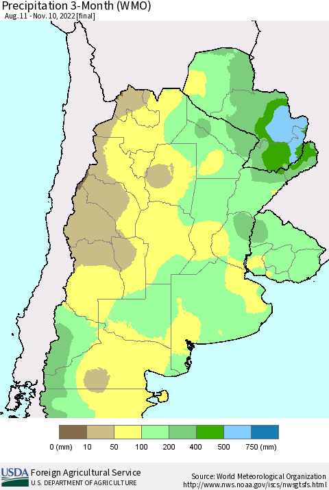 Southern South America Precipitation 3-Month (WMO) Thematic Map For 8/11/2022 - 11/10/2022