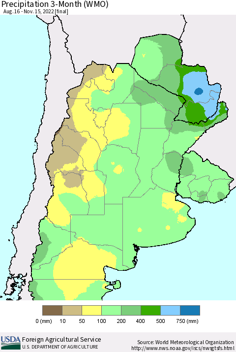 Southern South America Precipitation 3-Month (WMO) Thematic Map For 8/16/2022 - 11/15/2022