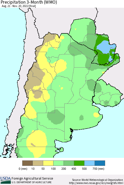 Southern South America Precipitation 3-Month (WMO) Thematic Map For 8/21/2022 - 11/20/2022