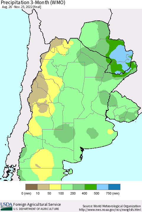 Southern South America Precipitation 3-Month (WMO) Thematic Map For 8/26/2022 - 11/25/2022