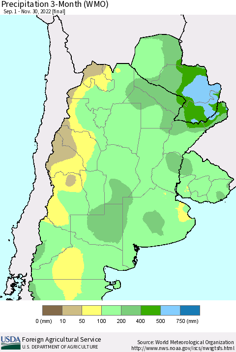 Southern South America Precipitation 3-Month (WMO) Thematic Map For 9/1/2022 - 11/30/2022