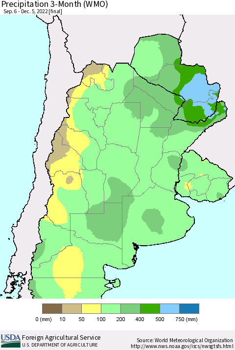 Southern South America Precipitation 3-Month (WMO) Thematic Map For 9/6/2022 - 12/5/2022