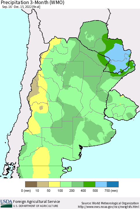 Southern South America Precipitation 3-Month (WMO) Thematic Map For 9/16/2022 - 12/15/2022