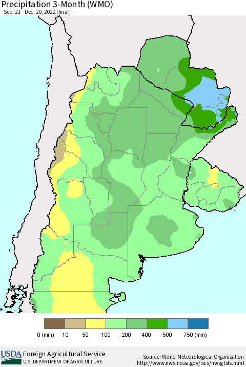 Southern South America Precipitation 3-Month (WMO) Thematic Map For 9/21/2022 - 12/20/2022