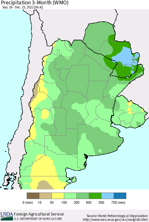 Southern South America Precipitation 3-Month (WMO) Thematic Map For 9/26/2022 - 12/25/2022