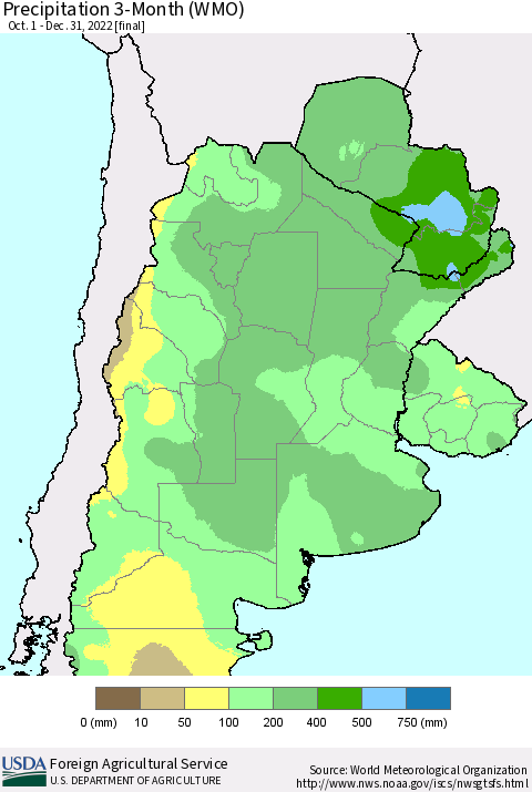 Southern South America Precipitation 3-Month (WMO) Thematic Map For 10/1/2022 - 12/31/2022