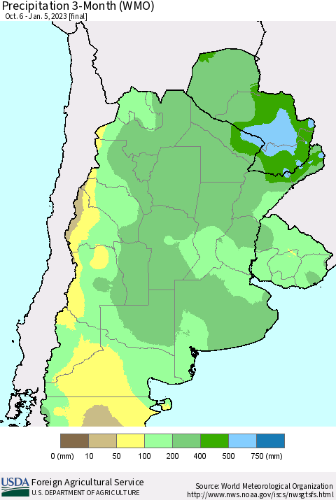 Southern South America Precipitation 3-Month (WMO) Thematic Map For 10/6/2022 - 1/5/2023