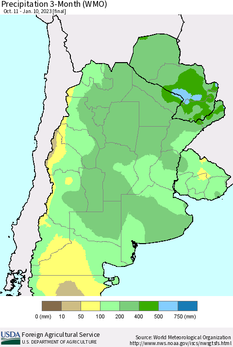 Southern South America Precipitation 3-Month (WMO) Thematic Map For 10/11/2022 - 1/10/2023