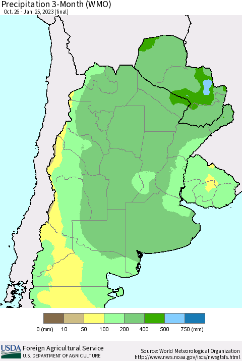 Southern South America Precipitation 3-Month (WMO) Thematic Map For 10/26/2022 - 1/25/2023