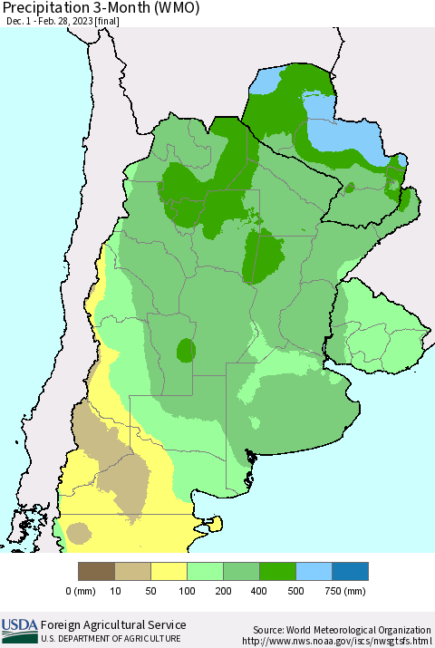 Southern South America Precipitation 3-Month (WMO) Thematic Map For 12/1/2022 - 2/28/2023