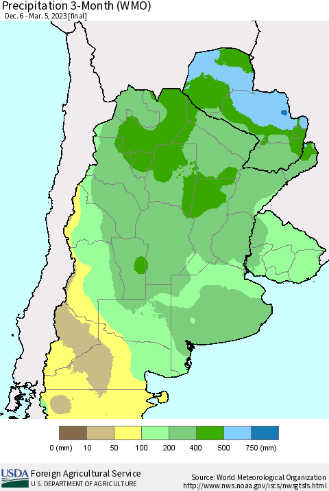 Southern South America Precipitation 3-Month (WMO) Thematic Map For 12/6/2022 - 3/5/2023