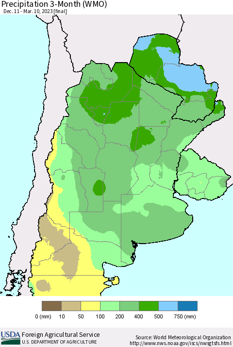 Southern South America Precipitation 3-Month (WMO) Thematic Map For 12/11/2022 - 3/10/2023