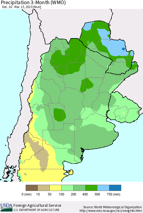 Southern South America Precipitation 3-Month (WMO) Thematic Map For 12/16/2022 - 3/15/2023