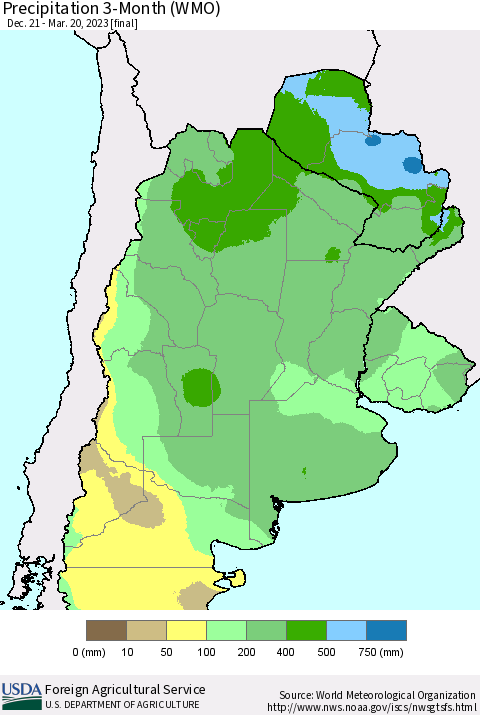 Southern South America Precipitation 3-Month (WMO) Thematic Map For 12/21/2022 - 3/20/2023