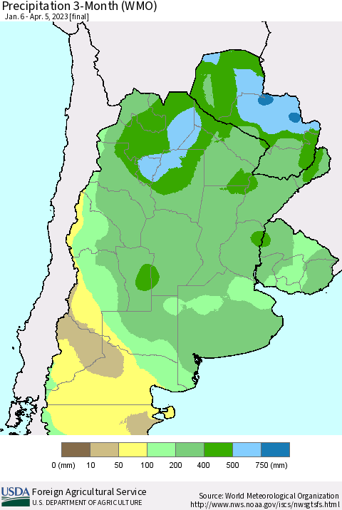 Southern South America Precipitation 3-Month (WMO) Thematic Map For 1/6/2023 - 4/5/2023