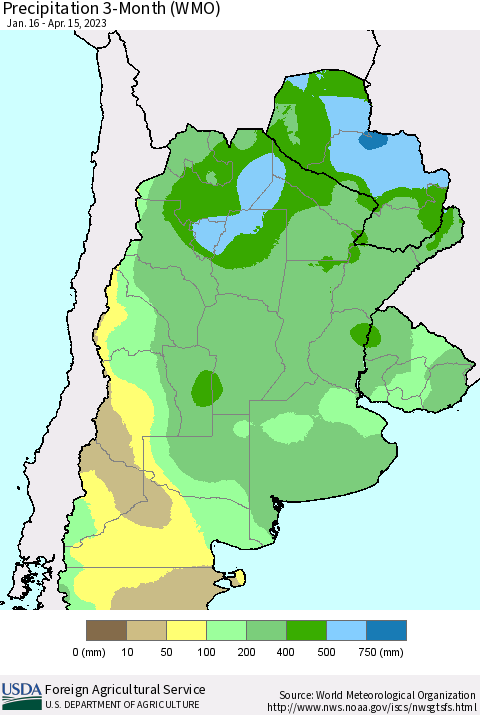 Southern South America Precipitation 3-Month (WMO) Thematic Map For 1/16/2023 - 4/15/2023