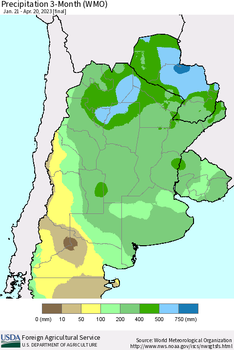 Southern South America Precipitation 3-Month (WMO) Thematic Map For 1/21/2023 - 4/20/2023