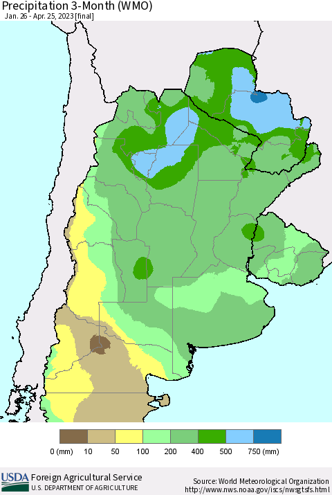 Southern South America Precipitation 3-Month (WMO) Thematic Map For 1/26/2023 - 4/25/2023