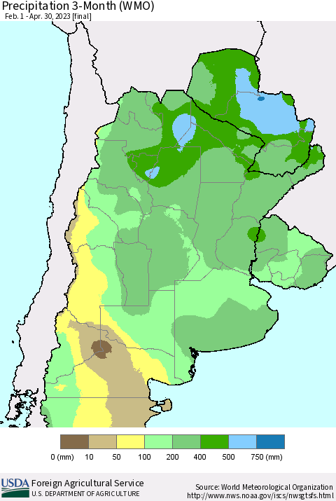 Southern South America Precipitation 3-Month (WMO) Thematic Map For 2/1/2023 - 4/30/2023