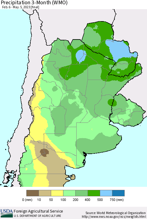 Southern South America Precipitation 3-Month (WMO) Thematic Map For 2/6/2023 - 5/5/2023