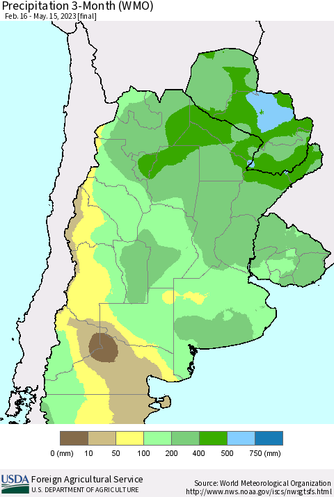 Southern South America Precipitation 3-Month (WMO) Thematic Map For 2/16/2023 - 5/15/2023