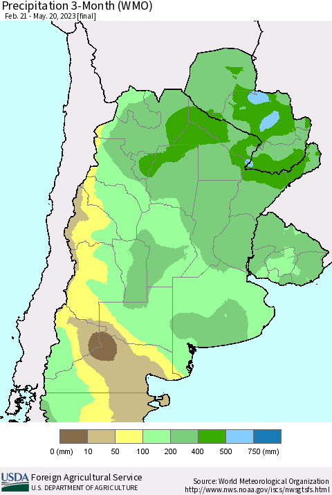 Southern South America Precipitation 3-Month (WMO) Thematic Map For 2/21/2023 - 5/20/2023