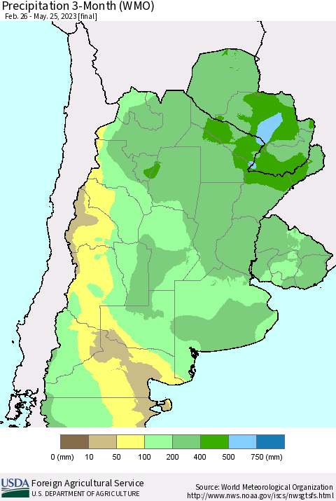 Southern South America Precipitation 3-Month (WMO) Thematic Map For 2/26/2023 - 5/25/2023