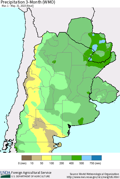 Southern South America Precipitation 3-Month (WMO) Thematic Map For 3/1/2023 - 5/31/2023