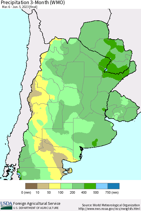 Southern South America Precipitation 3-Month (WMO) Thematic Map For 3/6/2023 - 6/5/2023