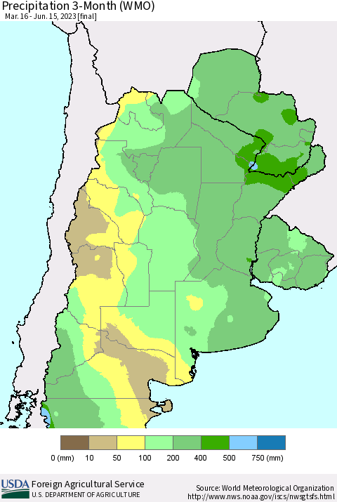 Southern South America Precipitation 3-Month (WMO) Thematic Map For 3/16/2023 - 6/15/2023