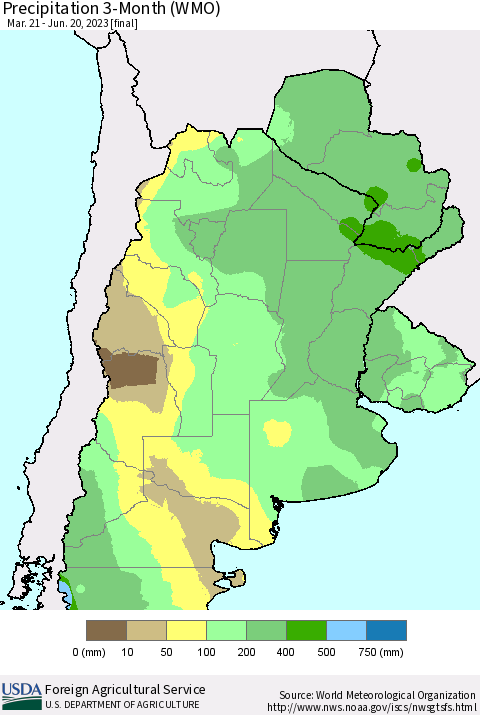 Southern South America Precipitation 3-Month (WMO) Thematic Map For 3/21/2023 - 6/20/2023