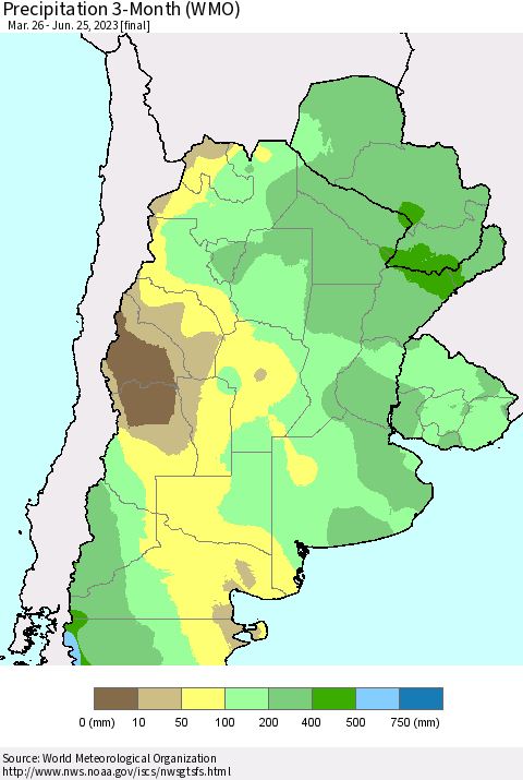 Southern South America Precipitation 3-Month (WMO) Thematic Map For 3/26/2023 - 6/25/2023