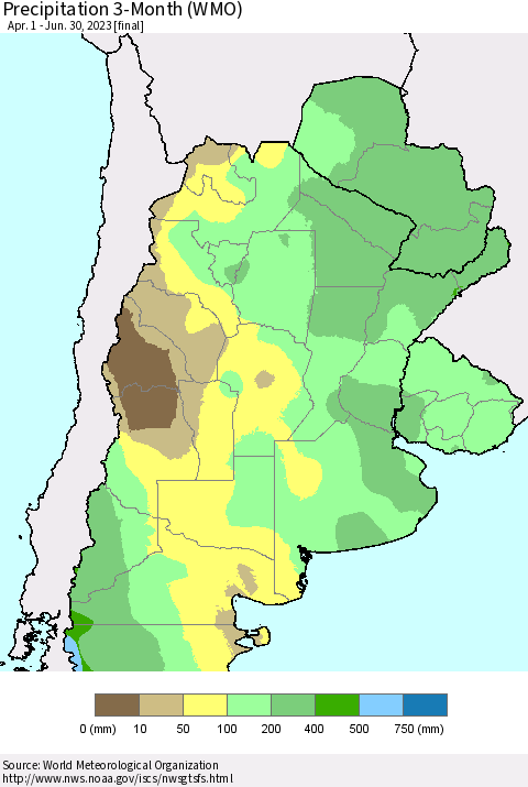 Southern South America Precipitation 3-Month (WMO) Thematic Map For 4/1/2023 - 6/30/2023