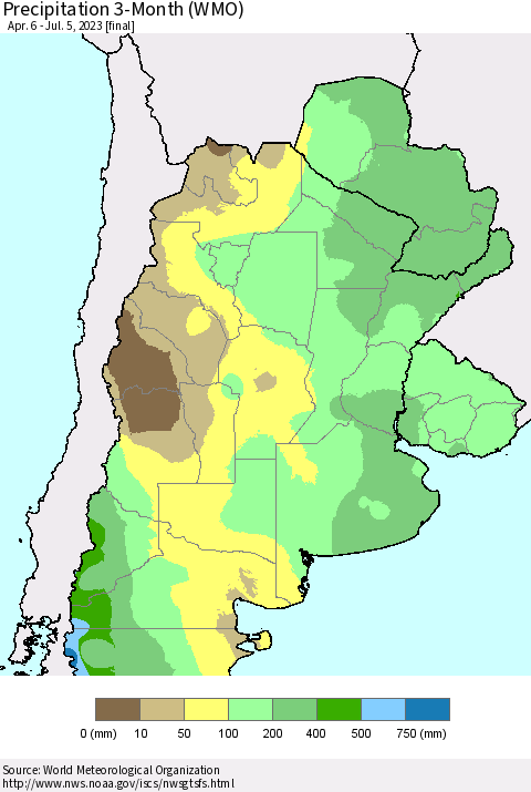 Southern South America Precipitation 3-Month (WMO) Thematic Map For 4/6/2023 - 7/5/2023