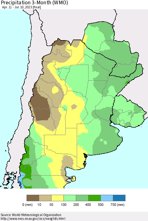Southern South America Precipitation 3-Month (WMO) Thematic Map For 4/11/2023 - 7/10/2023