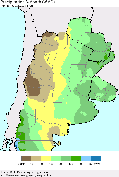 Southern South America Precipitation 3-Month (WMO) Thematic Map For 4/16/2023 - 7/15/2023
