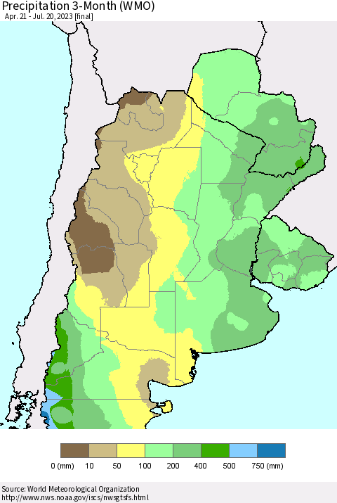 Southern South America Precipitation 3-Month (WMO) Thematic Map For 4/21/2023 - 7/20/2023